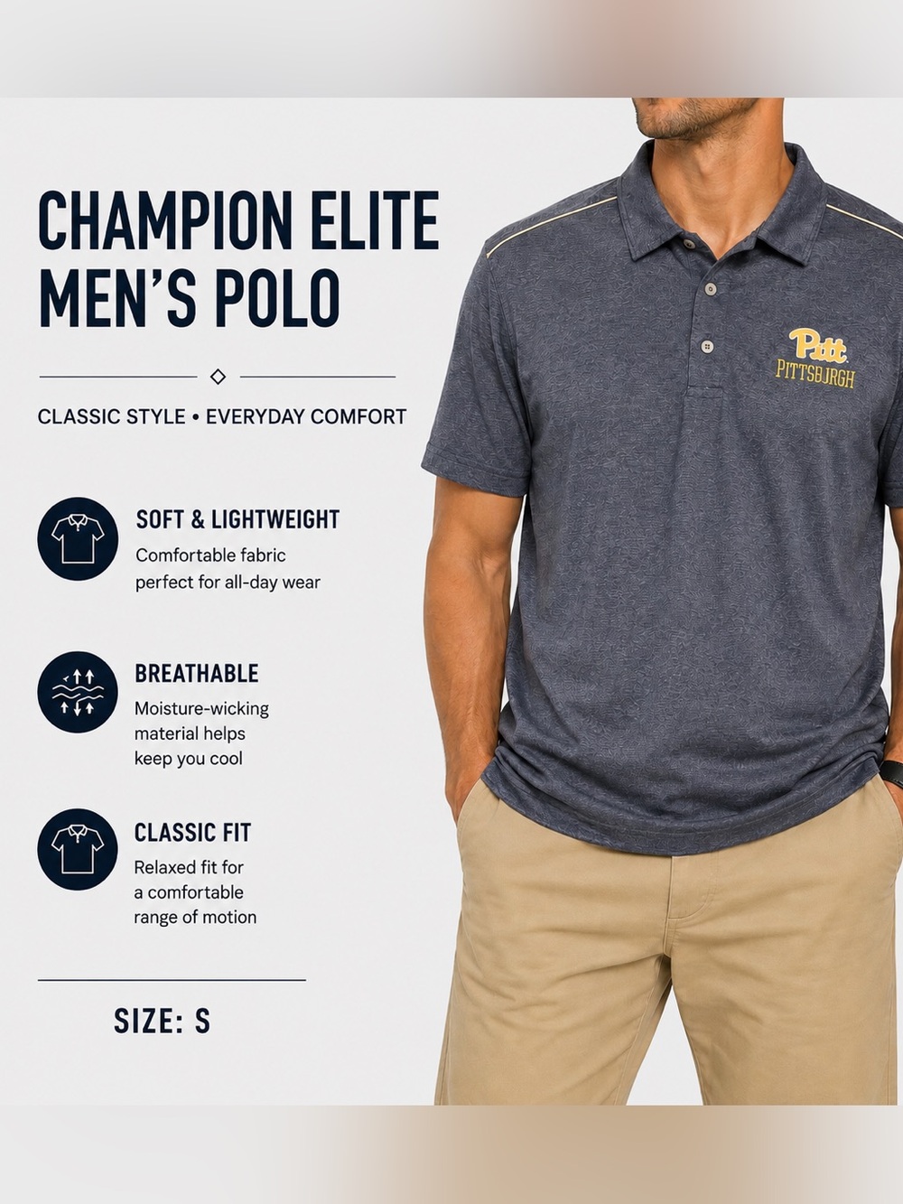 Champion Elite Pitt Pittsburgh Men’s Polo Shirt Gray Performance Golf Size S NWT